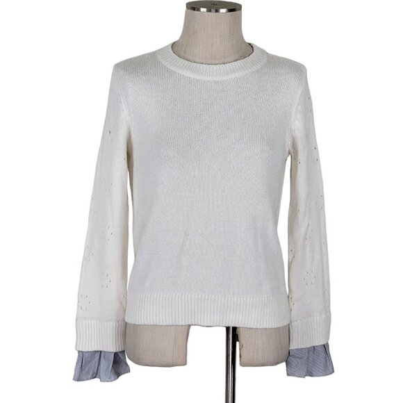 Loft Crew Neck Sweater Size S Pullover Contrast Striped Cuff Lightweight White - Picture 1 of 10